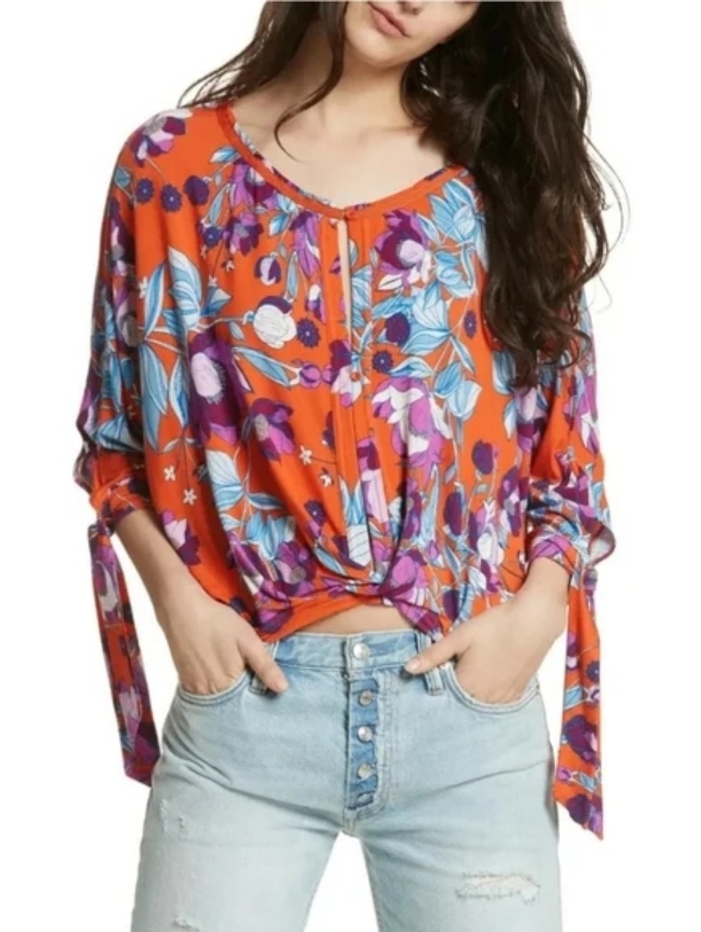 Free People Keepin' On Floral Twist Front Top Summer Boho Blouse, Small